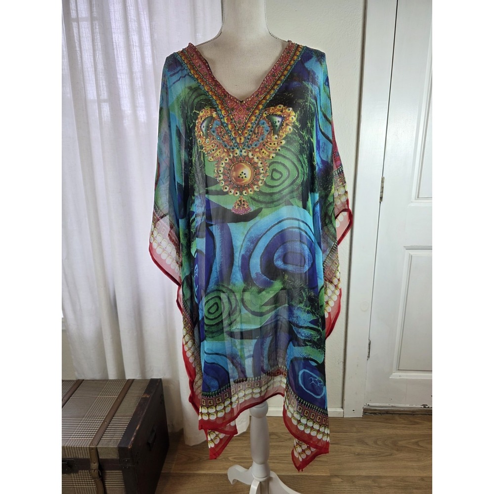 Swarna Caftan Kimono Top Peacock Blue Green Sequins Bling Viscose India One Size